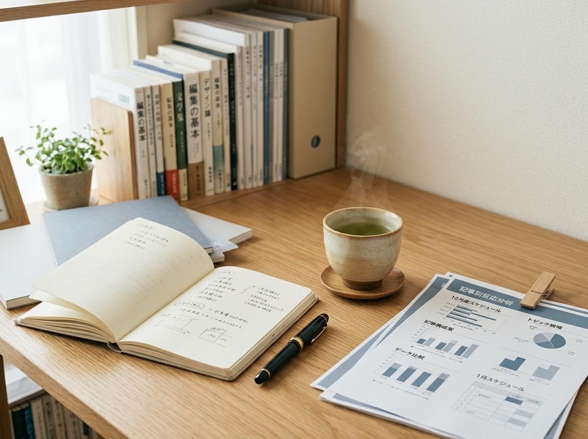 編集部のデスクと資料